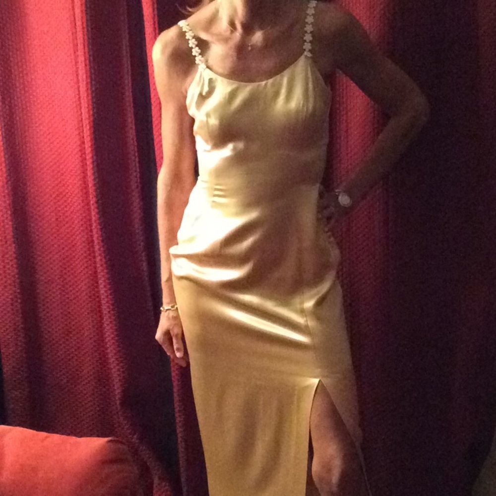 Jessica McClintock Gunne Sax gold satin dress.